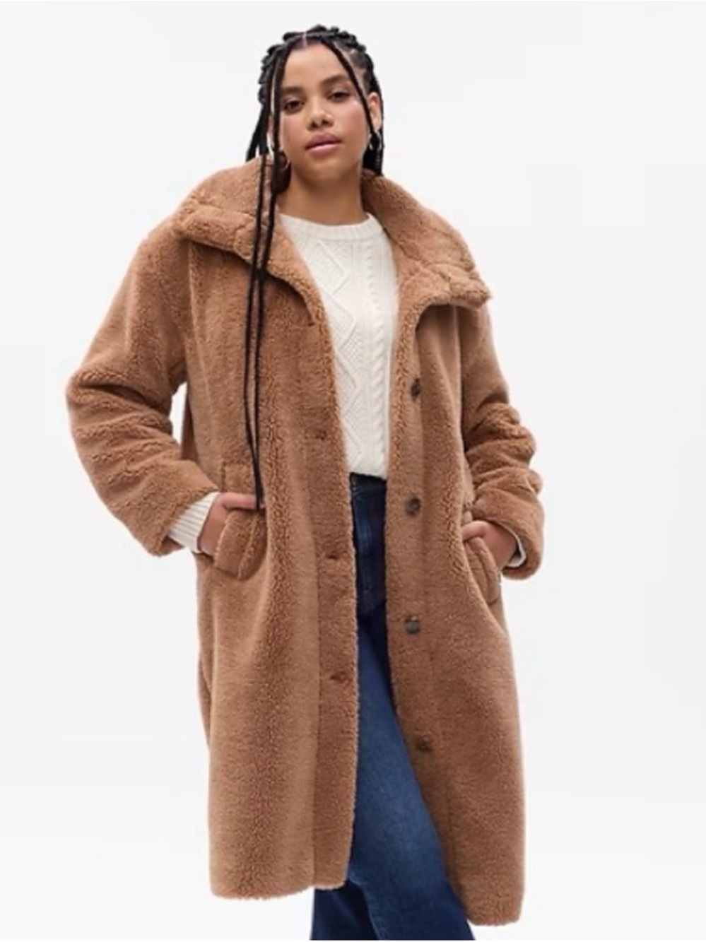 GAP Teddy Sherpa Overcoat Camel Brown XL Plush Long Coat Style